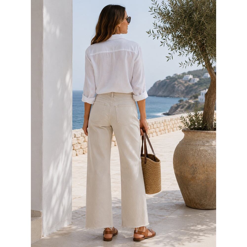 Good American Good Ease Relaxed Jean 0/25 Khaki Beige Raw Hem Wide Leg High Rise - Picture 3 of 14